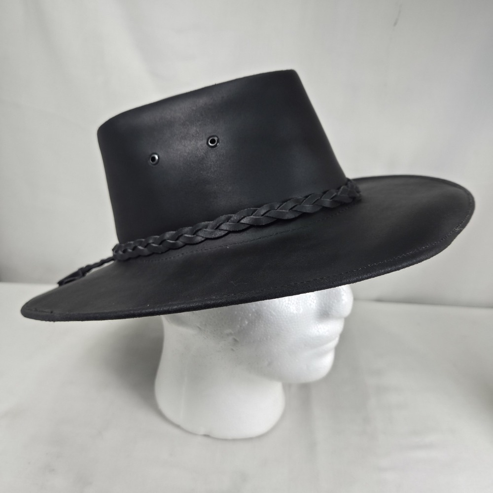 Leather Australian Outback Hat Sz Medium Braided Band Black Unisex Western